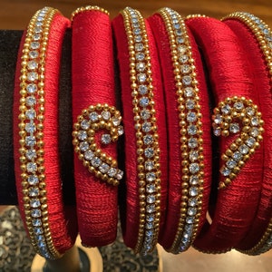 Handmade Red Indian silk 6 piece bangle set w/ stonework.Size 2.8