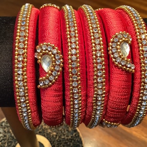 Handmade Red  Indian silk 6 piece bangle set w/ stonework & kundan