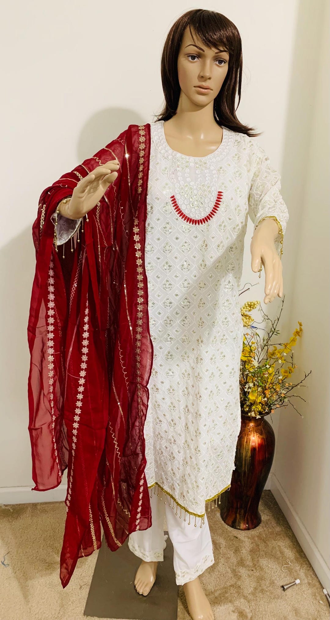 White Chiffon Kurti Pant Set: Red Orna, Embroidery, Size 40” - Etsy