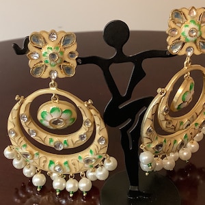 Cream double hoop chandbali earrings w/ white/green flower,kundun & dangle pearls.