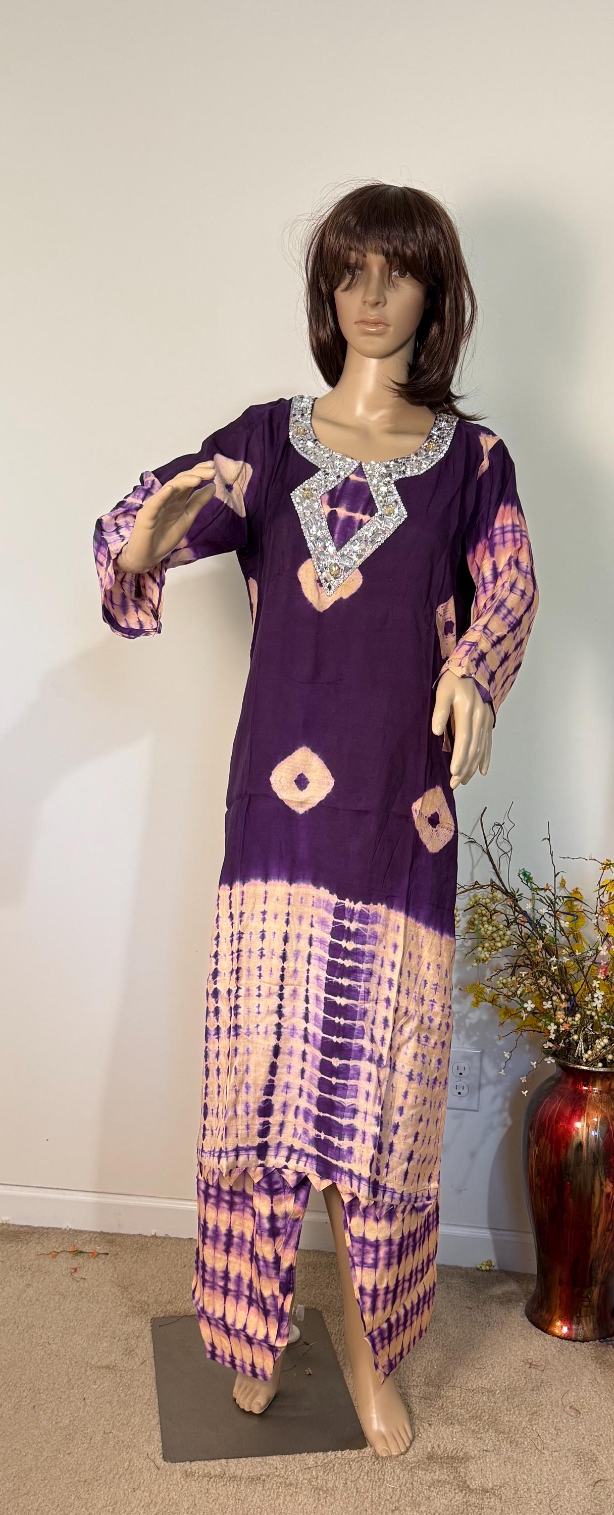 Purple Cotton Silk Kurti Set: Sadabahar Tie-dye, Mirror Embroidery