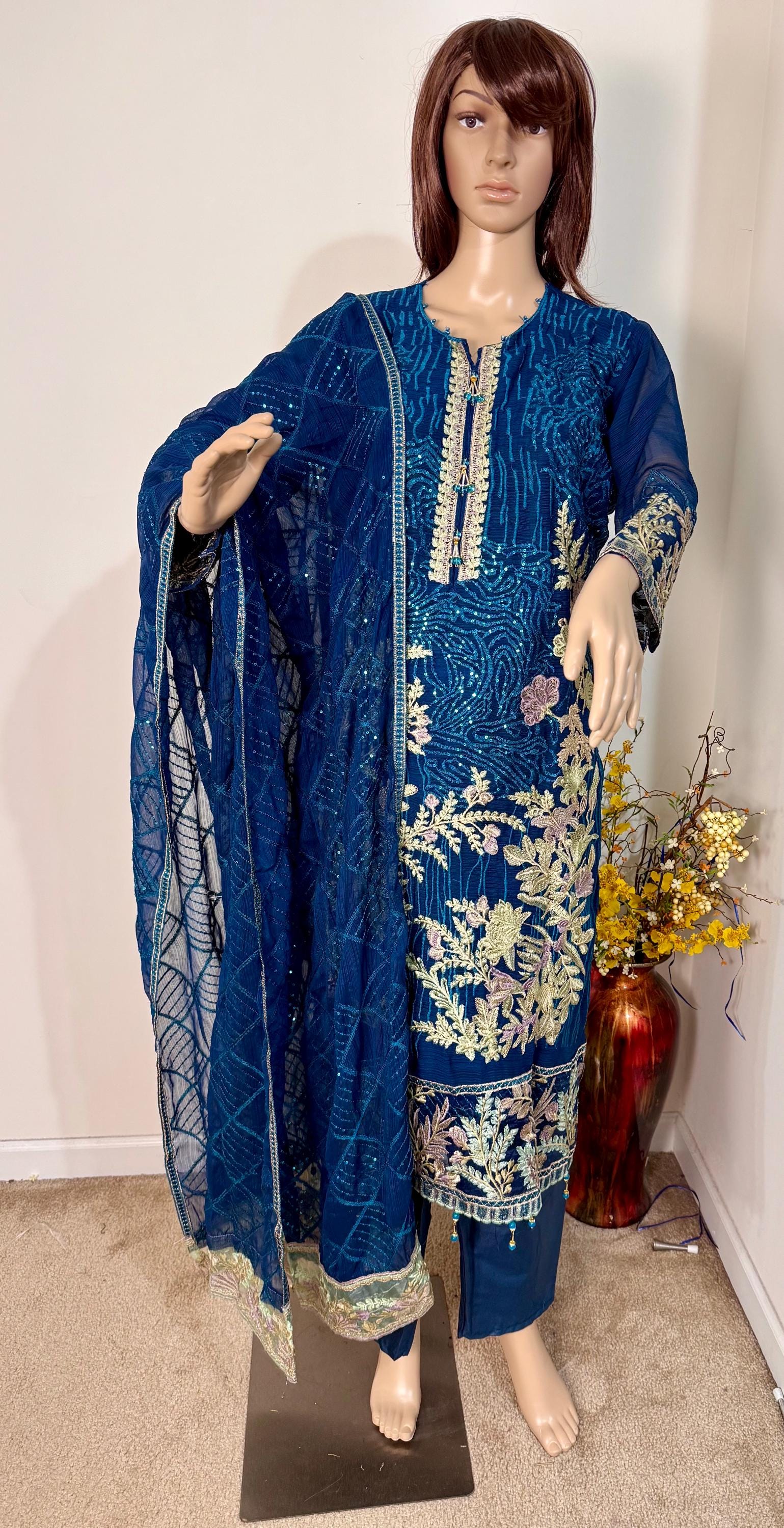Peacock colour chiffon3 pcs kurti with santoon lining,seq, thread, pearl work, heavy work, santoon plain pants,orna seq work size 40”42”