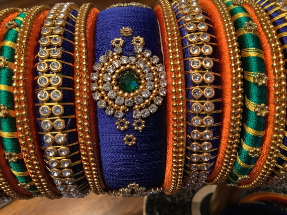 Handmade Dark Blue orange Reshmi Thread Wedding Bangles W