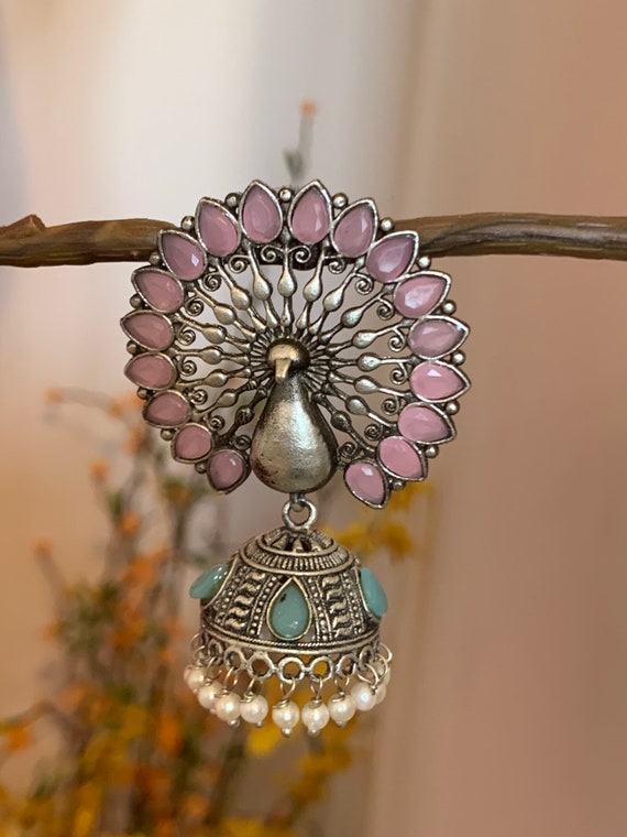 Oxidized Silver Peacock Jhumki Earrings: Pink Green Stone, Pearl