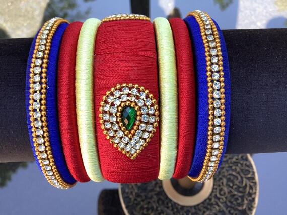 Handmade Royal Blue red Reshmi Thread Wedding Set Bangles W Tear