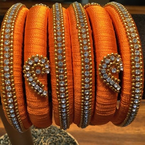 Handmade orange Indian silk 6 piece bangle set w/ stonework.size 2.8