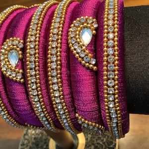 Handmade Purple Indian silk 6 piece bangle set w/ stonework & kundan.Size 2.8