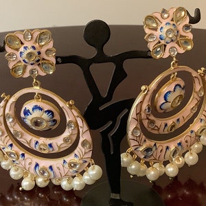 Light pink double hoop chandbali earrings w/ white/blue flower,kundun & dangle pearls.