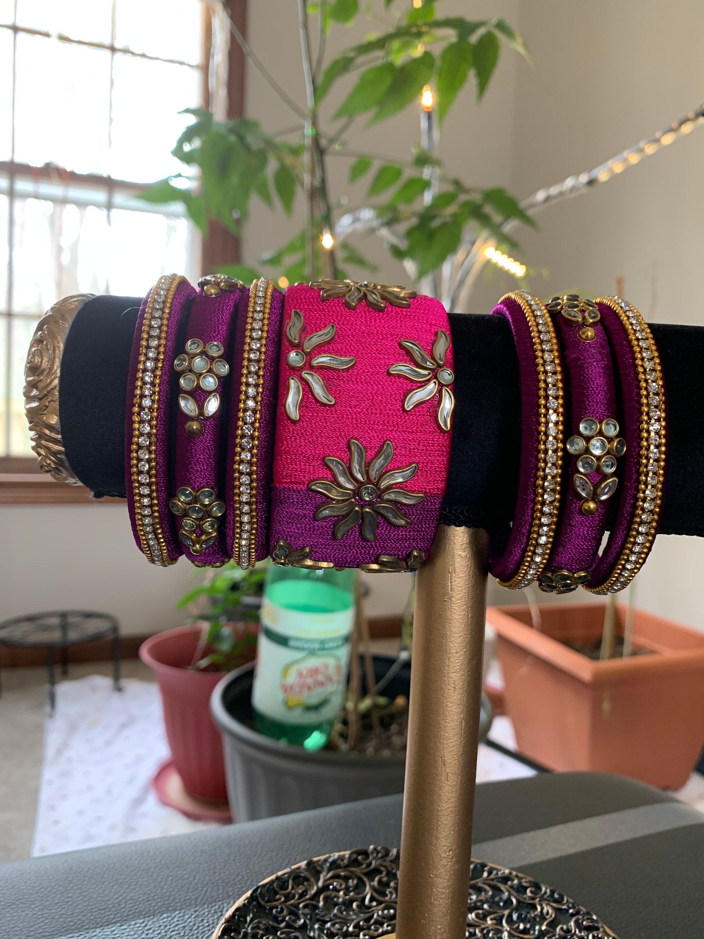 Purple& Pink 7 Piece Reshmi Silk Thread Medium Width Bangles