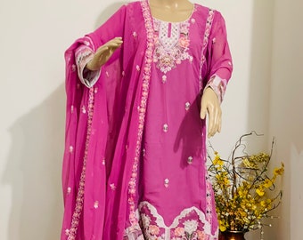 Mauve Pink Georgette Kurti Set: Thread Embroidery, Silk Pant (Size 42"44")