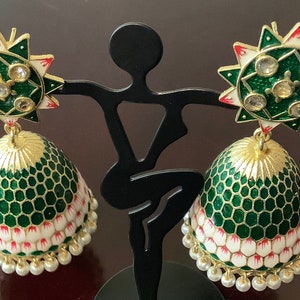 Green & red  bell shape jhumki earrings.