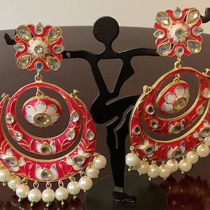 Red double hoop chandbali earrings w/ white/blue flowers,kundun & dangle pearls.