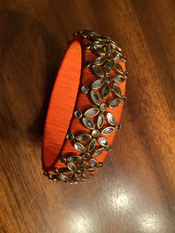 Orange Reshmi Thread Bangle W/ Kundan Flower Design. - Etsy UK