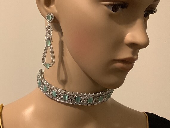 Sterling Silver and CZ Pale Green and White Choker Necklace Set Etsy