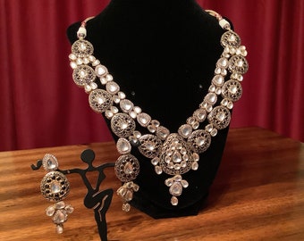 Pale gold/ Silver finish black stone and kundan double tier long Indian necklace set 103