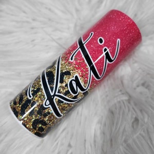 Coral and leopard Personalized Tumbler. Custom Stainless Steel Tumbler. Skinny Tumbler. Coral glitter Leopard print Tumbler.