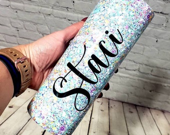 Personalized chunky glitter Tumbler. Custom Stainless-Steel Tumbler. Skinny Tumbler. Tumbler with name.