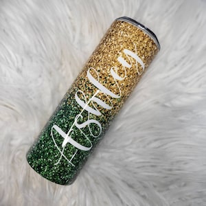 Vaso ombre de brillo falso verde y dorado personalizado. Vaso de acero inoxidable personalizado. Vaso flaco. Vaso con nombre.