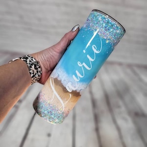 Personalized Beach Tumbler. Glitter Beach Tumbler. Custom Vacation Cup. Spring break cup. Destination cup.
