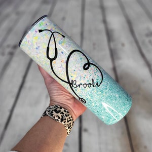 Personalized stethoscope glitter ombre Tumbler. Custom Nurse Stainless-Steel Tumbler. Skinny Tumbler. Tumbler with name.