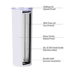 May include: White double-walled tumbler with a stainless steel interior. The tumbler has a sliding lid that is splash proof and a BPA-free lid. It is made of 18/8 304 food grade stainless steel and has a gloss finish that is sweat proof. The tumbler is designed for vacuum insulation.