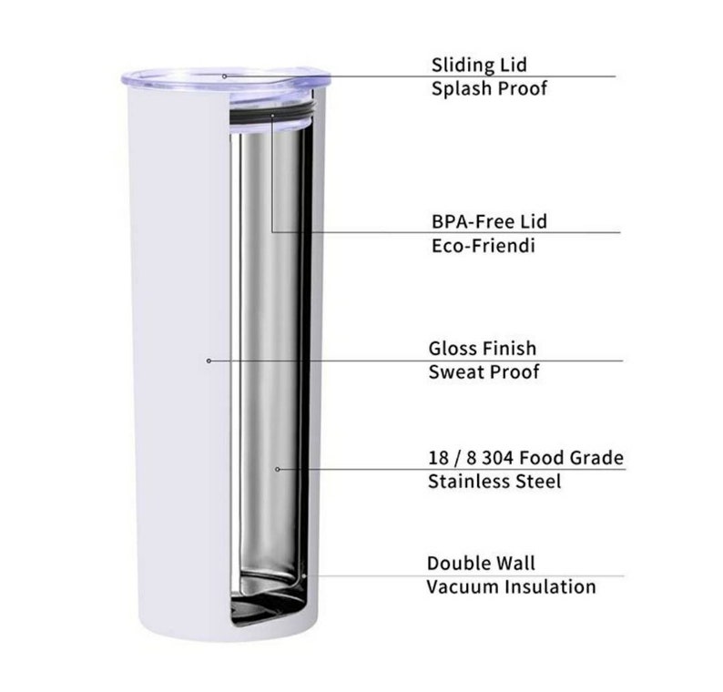 May include: White double-walled tumbler with a stainless steel interior. The tumbler has a sliding lid that is splash proof and a BPA-free lid. It is made of 18/8 304 food grade stainless steel and has a gloss finish that is sweat proof. The tumbler is designed for vacuum insulation.