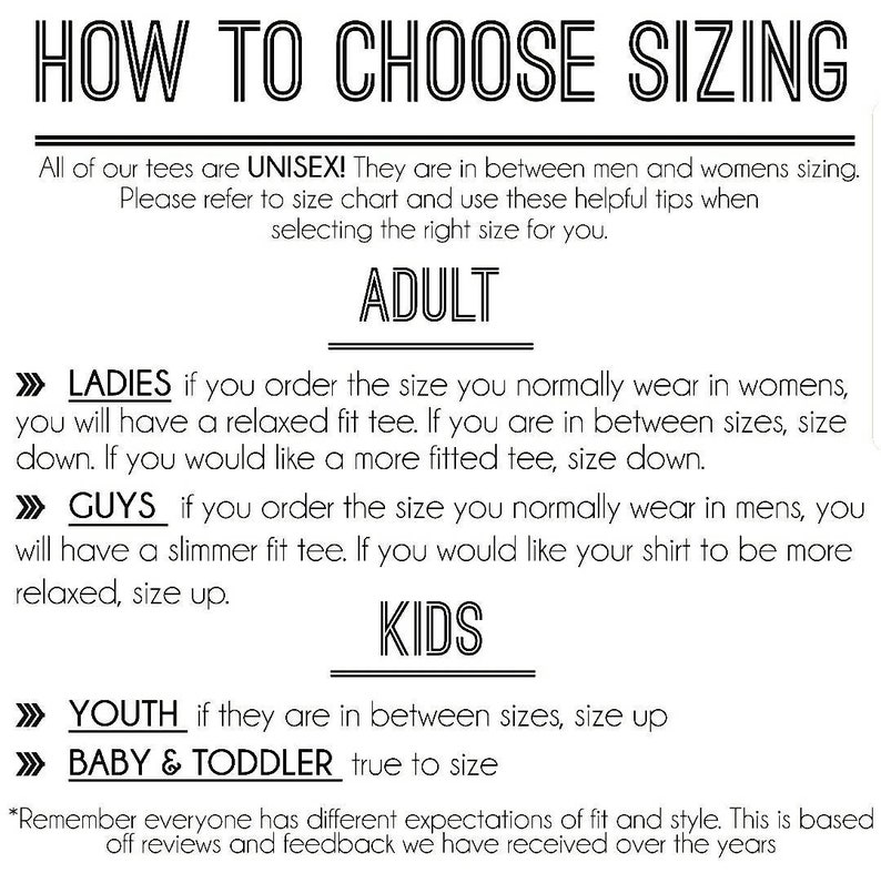 Puede incluir: Una gu&iacute;a sobre c&oacute;mo elegir la talla correcta para camisetas unisex. La gu&iacute;a incluye consejos de talla para adultos, j&oacute;venes, beb&eacute;s y ni&ntilde;os peque&ntilde;os. El texto indica que todas las camisetas son unisex y se encuentran entre las tallas para hombres y mujeres. Tambi&eacute;n indica que la informaci&oacute;n de talla se basa en las rese&ntilde;as y comentarios de los clientes.