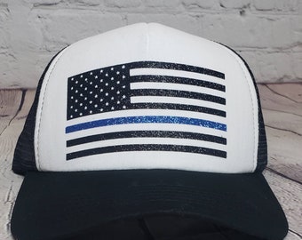 Police flag trucker hat. Police Wife hat. Blue line flag hat. Glitter flag hat. Sparkle flag hat. Glitter trucker hat.