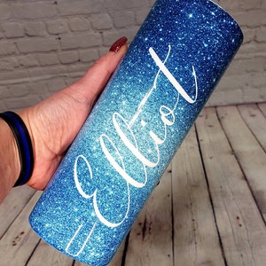 Personalized blue  glitter ombre Tumbler. Custom Stainless-Steel Tumbler. Skinny Tumbler. Tumbler with name.