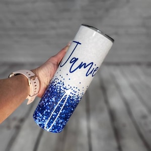 Personalized blue glitter ombre Tumbler. Custom Stainless Steel Tumbler. Skinny Tumbler. Tumbler with name.