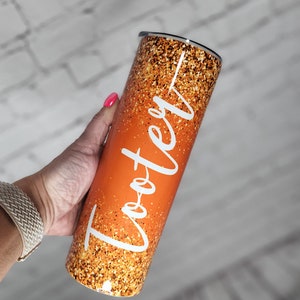 Personalized orange glitter Tumbler. Orange faux glitter cup with name. Custom Stainless-Steel Tumbler. Skinny Tumbler. Tumbler with name.