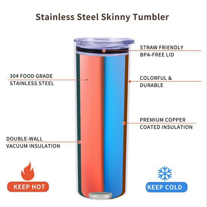 May include: A stainless steel skinny tumbler with double-wall vacuum insulation. The tumbler is made of 304 food grade stainless steel and has a straw-friendly, BPA-free lid. It features a copper-coated interior for temperature control, keeping drinks hot or cold. The image shows a cutaway view of the tumbler, highlighting its construction.
