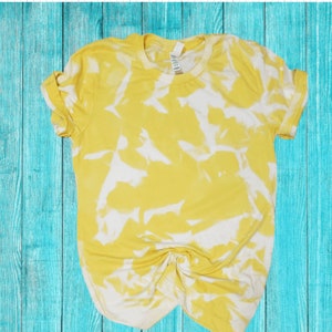 Bleached T-shirt. Yellow bleached Tee. Distressed Tee. Women&#39;s bleached tee. Reverse tie Dye. Popular bleached shirt. Acid wash shirt.