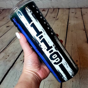 Personalized Police Tumbler. Thin Blue Line Custom made Cup. Stainless Steel Tumbler. Skinny Tumbler.