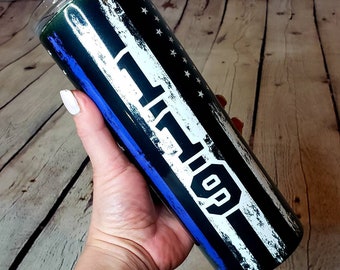 Personalized Police Tumbler. Thin Blue Line Custom made Cup. Stainless Steel Tumbler. Skinny Tumbler.