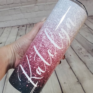 Personalized pink glitter ombre Tumbler. Custom Stainless-Steel Tumbler. Skinny Tumbler. Tumbler with name.