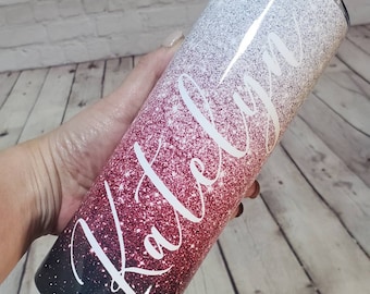Personalized pink glitter ombre Tumbler. Custom Stainless-Steel Tumbler. Skinny Tumbler. Tumbler with name.