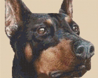 May include: A detailed portrait of a Doberman Pinscher dog. The dog has a black coat with brown markings on its muzzle, chest, and above the eyes. It has erect ears and a focused gaze. The background is a solid, light beige color.