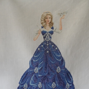 Elegant Lady and Doves hand stitched completed cross stitch