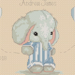May include: A cross-stitch design featuring a cute elephant wearing blue and white striped pajamas. The elephant is surrounded by two blue and white striped hearts with strings. The text "Andrew James" and the date "20.2.2018" are also included in the design.