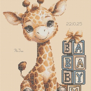 Grille de point de croix Nouveau-né bébé girafe et blocs alphabet bleu