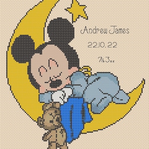Grille de point de croix Nouveau bébé naissance Enregistrement bébé Mickey sur la lune