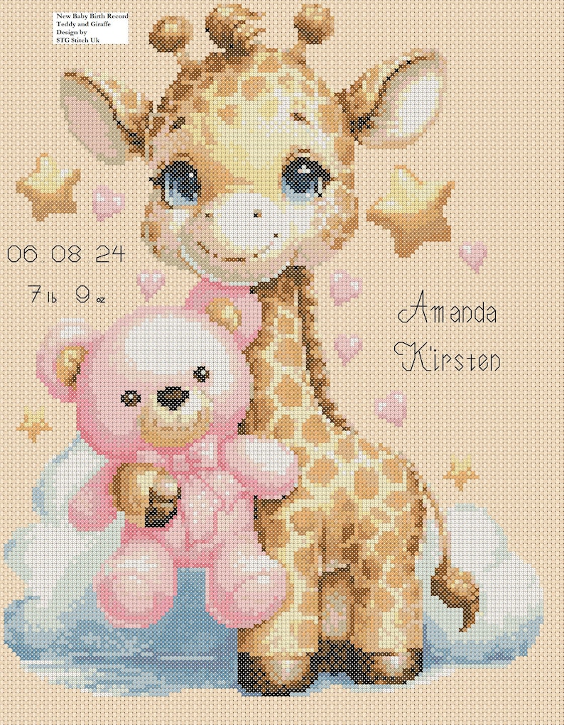 Cross Stitch Chart New Baby Birth Sampler Baby Teddy and Giraffe Pink ...