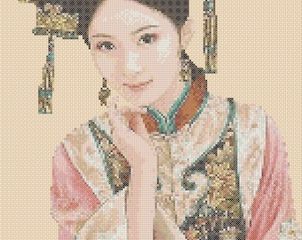 May include: A cross-stitch portrait of a woman in traditional Asian attire. She wears a black headdress with floral and gold accents, a pink and gold embroidered robe, and delicate jewelry. Her hand rests near her face.