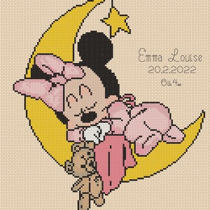 Grille de point de croix New Baby Echantillonneur de naissances Nouveau bébé Minnie sur la lune
