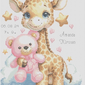 Grille de point de croix New Baby Nounours et girafe rose