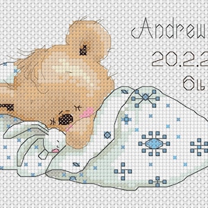 Grille de point de croix New Baby Birth Sampler Record ours bai et bleu canard