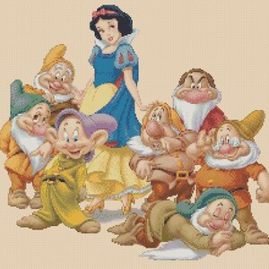 May include: Snow White, the princess from the fairy tale, is surrounded by seven dwarfs. The dwarfs are all wearing different coloured clothing and have different facial expressions. Snow White is wearing a blue and yellow dress and a red bow in her hair.