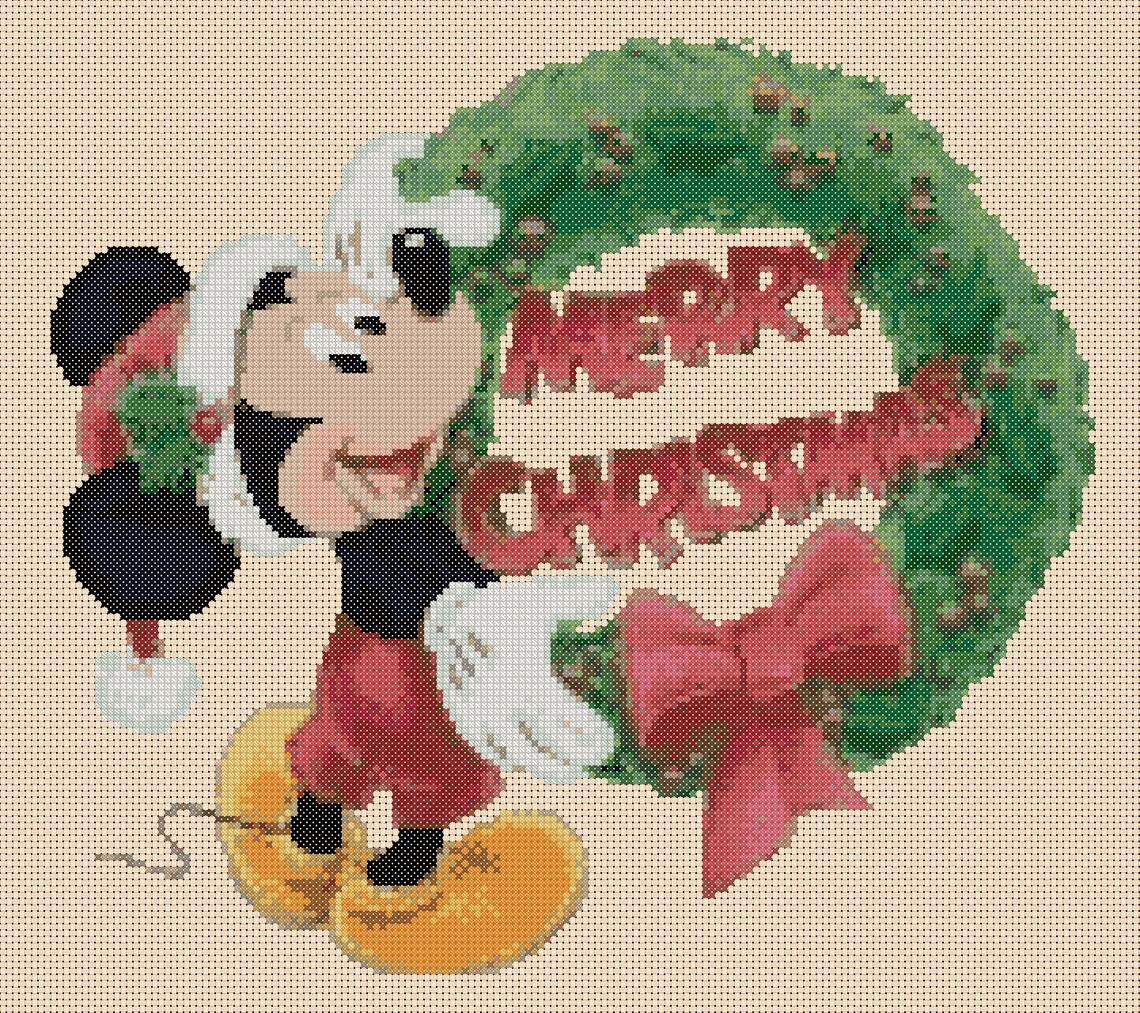 Cross stitch chart Mickey Mouse Christmas Wreath Merry Etsy