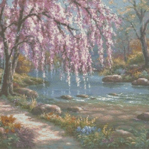 cross stitch chart Country Cottage - Spring Blossom River scene -No. 409